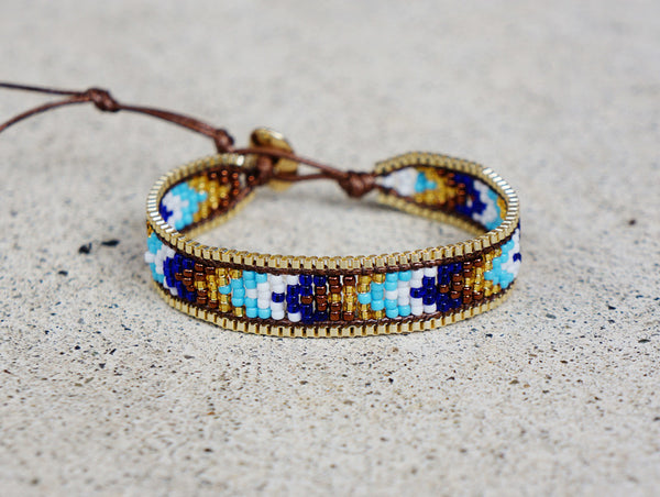 Blue Sunset Seed Bead Bracelet with Gold Chain