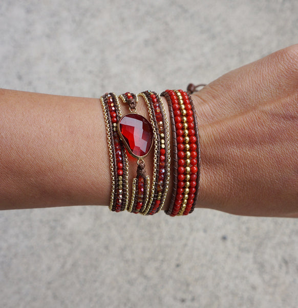 Red Coral Sigle Bracelet Gold Bead