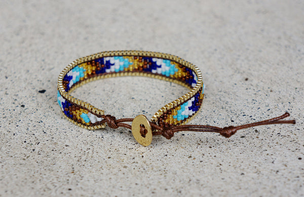 Blue Sunset Seed Bead Bracelet with Gold Chain