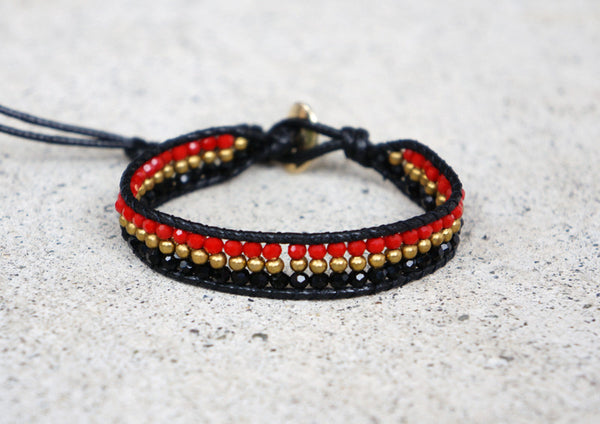 Red & Black Sigle Bracelet Gold Bead