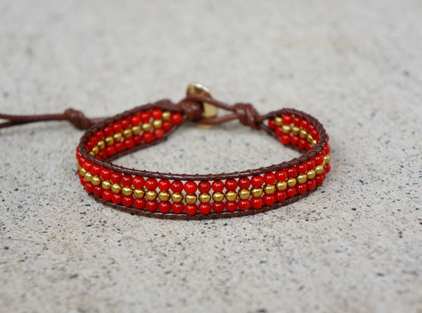 Red Coral Sigle Bracelet Gold Bead