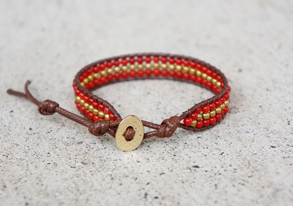 Red Coral Sigle Bracelet Gold Bead