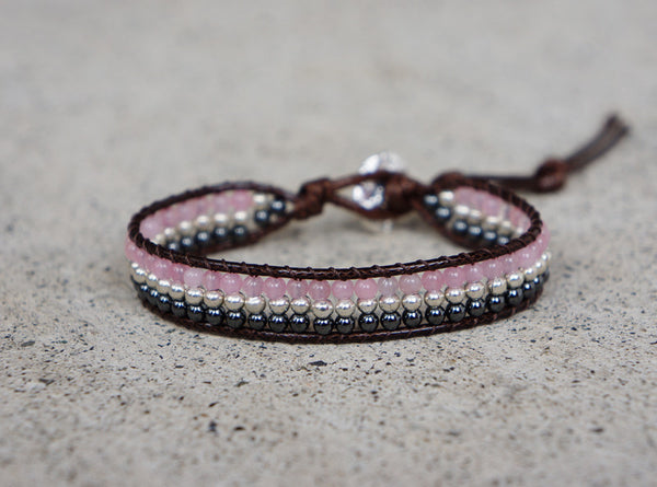 Pink Smoky Single Bracelet silver Bead