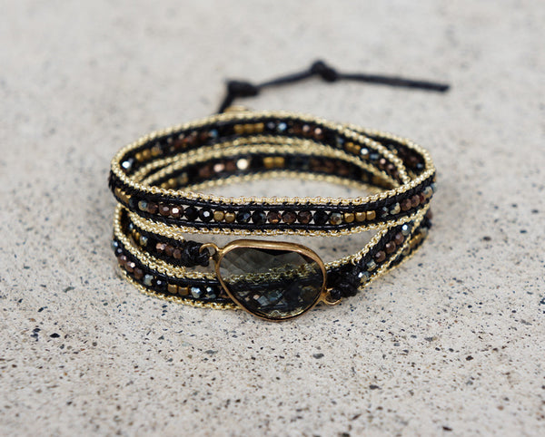 Black Smoky Wrap Bracelet Gold chain