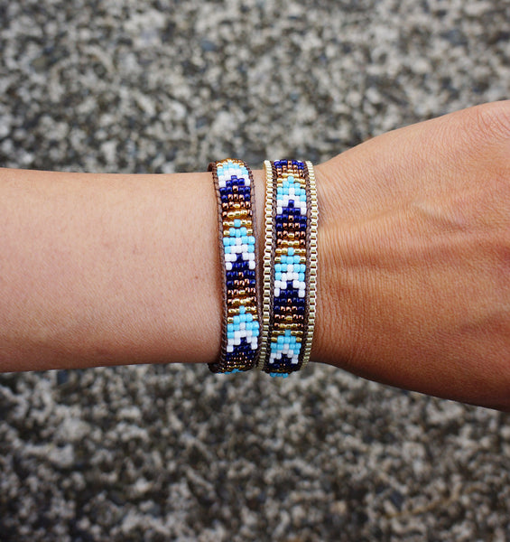 Blue Sunset Seed Bead Bracelet with Gold Chain