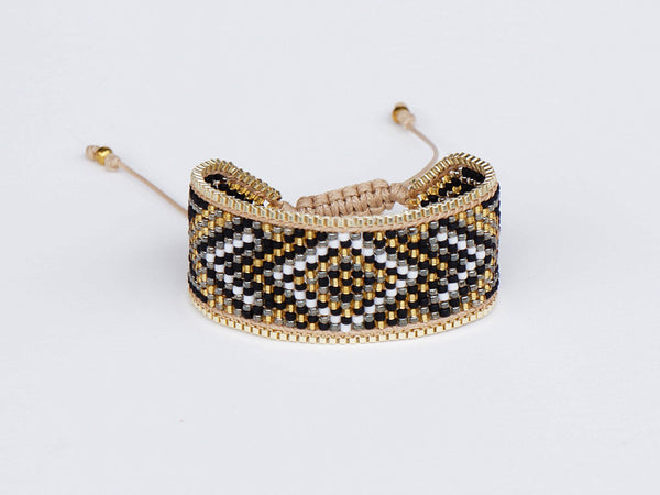 Black Golden Bracelet Cuff Seed Bead with Gold Chain