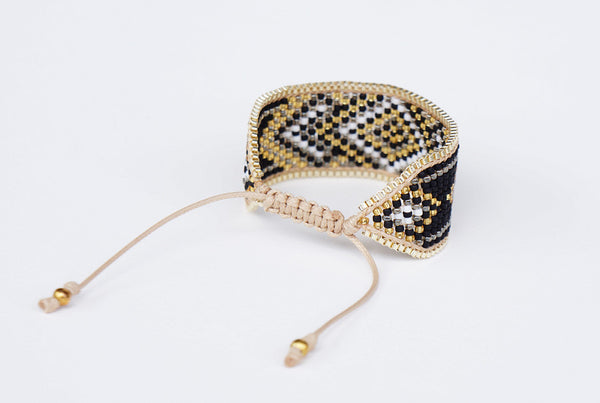 Black Golden Bracelet Cuff Seed Bead with Gold Chain