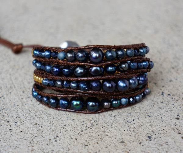 Black Blue Freshwater Pearl Wrap Bracelet