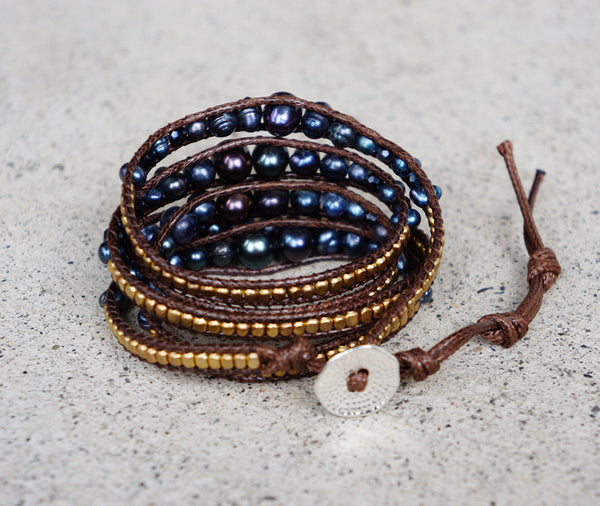 Black Blue Freshwater Pearl Wrap Bracelet