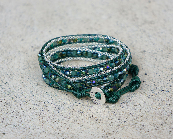 Hunter Green Wrap bracelet with Silver Chain