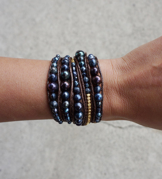 Black Blue Freshwater Pearl Wrap Bracelet