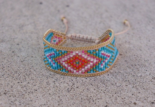 Blue Mix Bracelet Cuff Seed Bead with Gold Chain