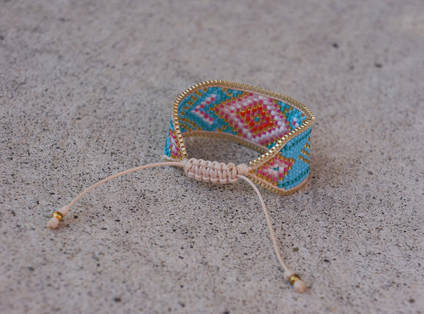 Blue Mix Bracelet Cuff Seed Bead with Gold Chain