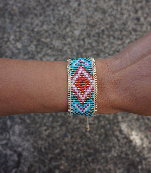 Blue Mix Bracelet Cuff Seed Bead with Gold Chain